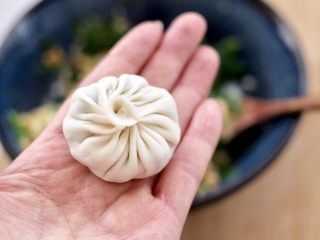 14、萝卜樱海鲜豆腐蒸饺,四周边用手收口捏紧就可以了。