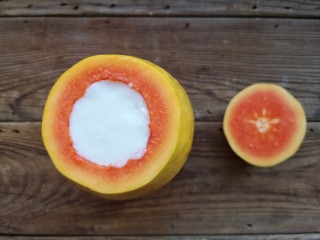 11、木瓜奶冻,将做好的奶冻倒入木瓜中，盖上切下的部分，放入冰箱冷藏3小时以上。