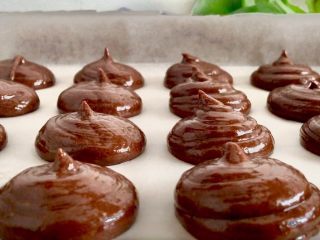 8、巧克力无比派,将面糊装入裱花袋，垂直于烤盘挤出，挤出的大小要一致，厚薄要均匀，最好下方垫上马卡龙的烤垫，这样就可以按照大小来挤