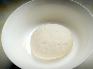 3、口袋饼抱照烧肉,揉至猪油略微吸收，面团表面还有一点猪油，盖上保鲜膜进行发酵。