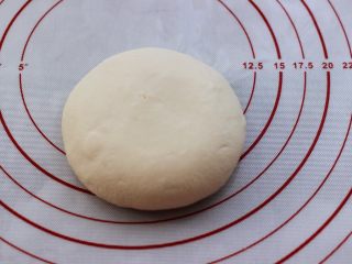 7、海虾杂蔬披萨,把发酵好的面团排气揉匀后,盖上保鲜膜后再静置松弛10分钟。