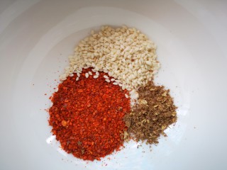 9、凉拌鸡丝,碗中放入辣椒面、花椒面和芝麻