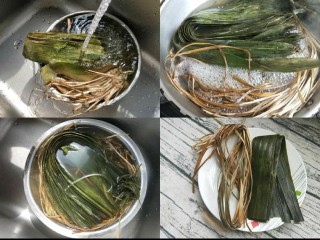 4、水晶粽子,粽叶和马蹄莲用清水冲洗干净，放入锅内开水焯2分钟，捞出马上放入凉水盆内，用剪刀剪去粽叶的两头备用