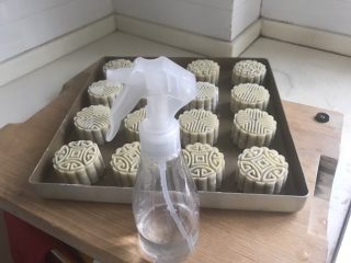 15、广式五仁月饼,依次全部压好,烤箱提前预热200度,月饼表面喷上水雾