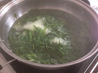 2、清明时节艾糍香,锅里水烧开后,放入艾叶,氽烫2分钟后捞起来