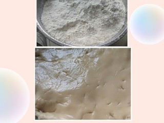 3、广式月饼,倒入中筋面粉，混合均匀，用保鲜膜包好放冰箱冷藏松弛2个小时。