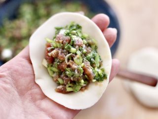 11、冬至美食～牛肉茼蒿饺子,饺子皮上放入适量的馅料。