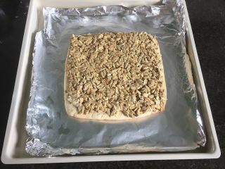 13、燕麦瓜子仁酥块,铺在面饼上抹匀开来，放进预热好的烤箱内继续165度上下火中层烤20分钟左右，至表面金黄即可，完全冷却后切块食用。