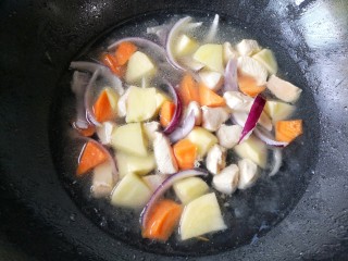 5、咖喱鸡肉土豆,然后加适量的清水，刚能没过蔬菜即可。