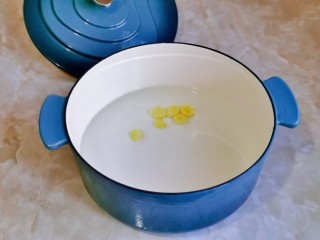 4、新疆大盘鸡,铸铁锅中加入水，再加入姜片。