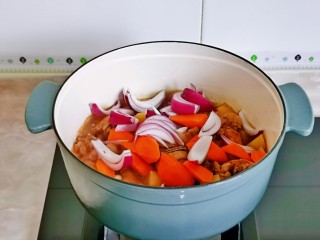 16、新疆大盘鸡,最后加入胡萝卜，洋葱，按个人口味加入盐，炖至断生。