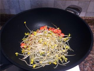 8、黄豆芽炒煎豆腐,放入黄豆芽和胡萝卜翻炒10秒。