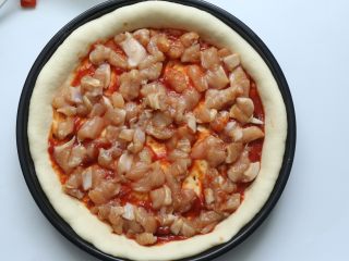 16、鸡肉蔬菜披萨,再放上腌制好的鸡肉，平铺在上面就好