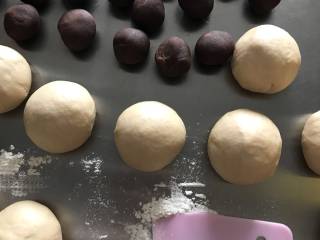 8、红糖杏仁豆沙餐包,把面团完全排气后 平均分成16份  我得面团每个约50g  滚圆 