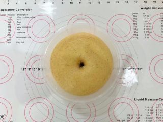 9、中种胡萝卜吐司,发酵至两倍大,手指沾少许干粉插入,不塌陷不立即回缩即可。