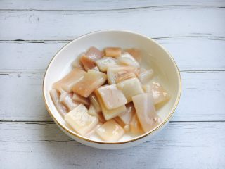 3、厨房挑战➕荤菜➕鲜鱿鱼丸,把它切成任意大小的块。