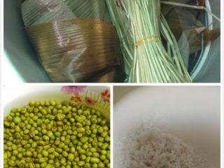 1、碱水粽,如图竹叶和捆绳提前一晚用水浸泡好，糯米和绿豆提前浸泡5小时左右