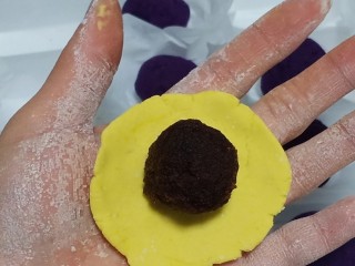 12、南瓜汤圆,取一块糯米面团，加入南瓜泥，揉匀。分成20克一个的剂子。每个剂子包入一颗馅料，包圆