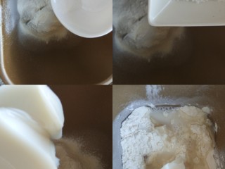 3、猪肉黄油版红豆蛋黄酥,制作油皮：依次将细砂糖、盐、温水、猪油加入面粉中【我懒了哈哈，用的是面包机揉的面】