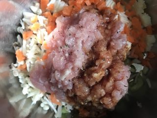3、酸汤鲜肉汤圆,肉末和时蔬加入生抽，黑胡椒，盐，鸡精拌匀