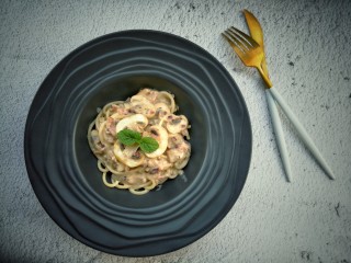 21、奶油蘑菇培根意粉,完成。