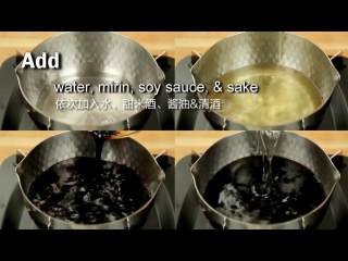 4、日式照烧鸡肉串,依次倒入水，清酒，甜米酒，酱油