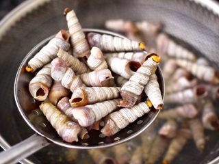 6、麻辣田螺,焖好的锥螺盛出沥干水分。