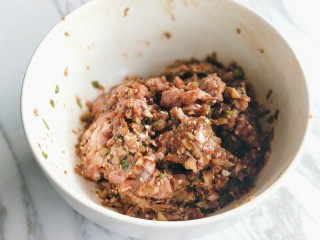 1、苏式鲜肉月饼,猪肉馅放入榨菜碎、葱姜沫、白芝麻及各种调味料顺时针搅拌均匀。