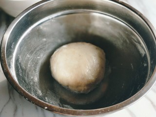 2、苏式鲜肉月饼,制作水油皮面团，中筋面粉、糖粉、猪油混合后，分几次加入水，拌匀成团，裹保鲜膜松弛30分钟。