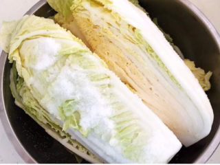 16、韩式辣白菜,把盐撒匀后腌制6个小时左右