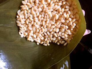 9、蛋黄猪肉粽,再加入糯米盖住五花肉，将糯米压实。