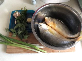 1、琐碎金鳞软玉膏➕家常红烧黄鱼,食材合照：黄鱼两小条，小葱三根，香菜一颗，姜一块，蒜四五颗