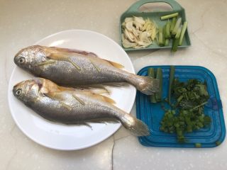 6、琐碎金鳞软玉膏➕家常红烧黄鱼,全部食材改刀准备好。