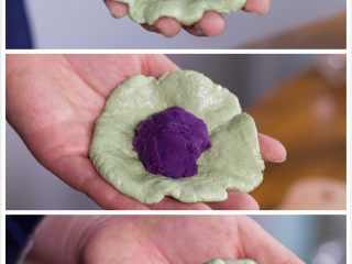 7、清明糍粑,将面团分成若干个面团剂子，包入自己喜欢的馅料。包的时候要注意要把别的剂子用保鲜膜裹好，这样不会让面团剂子变硬。