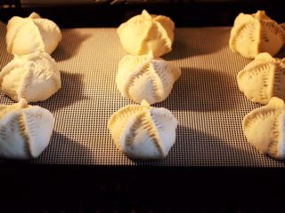 15、小苔菜虾皮花样包子,把做好的包子放入蒸箱里进行二发,醒发至原来的1.5倍大的时候,用蒸箱蒸熟即可,如果是用蒸锅蒸的话,是放入蒸锅大火烧开后蒸20分钟关火焖5分钟即可。