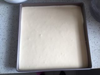 12、日式泡芙蛋糕卷,把蛋糕糊倒入28cm*28cm的不粘烤盘中，轻震几下排出大气泡