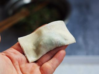9、猪肉荠菜云吞,将其对折。