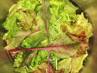 2、鲜花牛排沙拉&甜菜坚果芝士沙拉佐女巫沙拉汁,先把这堆杂草掰成方便塞进嘴里的大小,泡一会儿水,让它们坚挺一点……