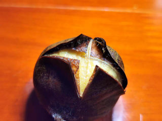 6、板栗红烧肉,划开部分会自动涨开