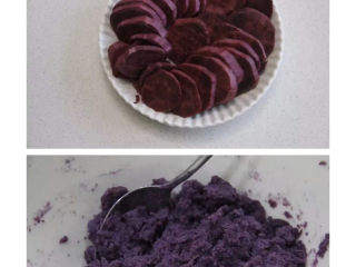 1、三色汤圆,紫薯去皮蒸熟压成泥状