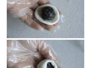 10、三色汤圆,取一份面皮搓圆压扁，包入黑芝麻陷后收好口，在干糯米粉里滚一圈防粘