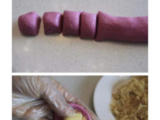 14、三色汤圆,面皮搓成条状分10克一个，取一份面皮揉圆压扁后加入芝士块和肉松，收好口后在干糯米粉里滚一圈防粘