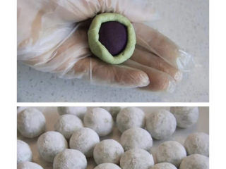 17、三色汤圆,面皮搓成条状后分10克一个，取一份面皮揉圆压扁后包入紫薯馅