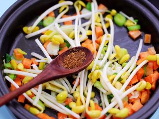 7、补钙又营养的虾仁豆芽蛋炒饭,看见黄豆芽变软后先加入花椒粉。