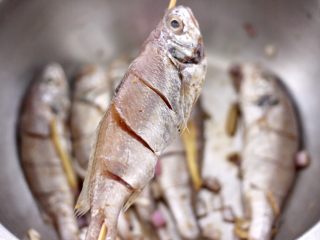 11、香辣孜然烤鱼,把腌制好的鱼,用竹签串起来。