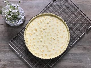 12、肉桂苹果派,倒入事先准备好的派液，均匀地铺入50g去皮的苹果丁。