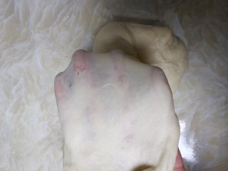 3、端午节手工粽心造型软欧包,将面团分成三份，分别为200克，40克，8克，加入b部分，揉至如图