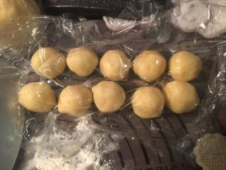 5、港式奶黄月饼,分割成22g一个的小剂子，盖好保鲜膜静置1-2小时