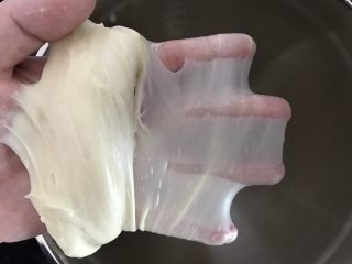 4、日式面包卷,揉至完全扩展状态，可以扯出薄膜，破洞边缘光滑