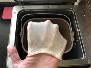 3、蔓越梅花生黑麦软欧包,3、揉面程序结束后，面团达到扩展阶段。